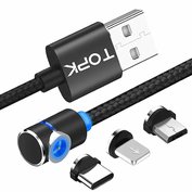 TOPK magnetický USB kabel 3v1, 90° USBC, micro USB, lightning, 2,4A, černá 2m, MG90BK2