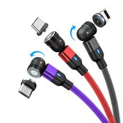 W-star magnetický USB kabel 3v1, 540° USBC, micro, lightning, 3A, 90°červená 2m, MG540BRD2