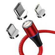 W-star magnetický USB kabel 3v1, USBC, micro USB, lightning, 5A, Led, červená 2m, MG3BRD2